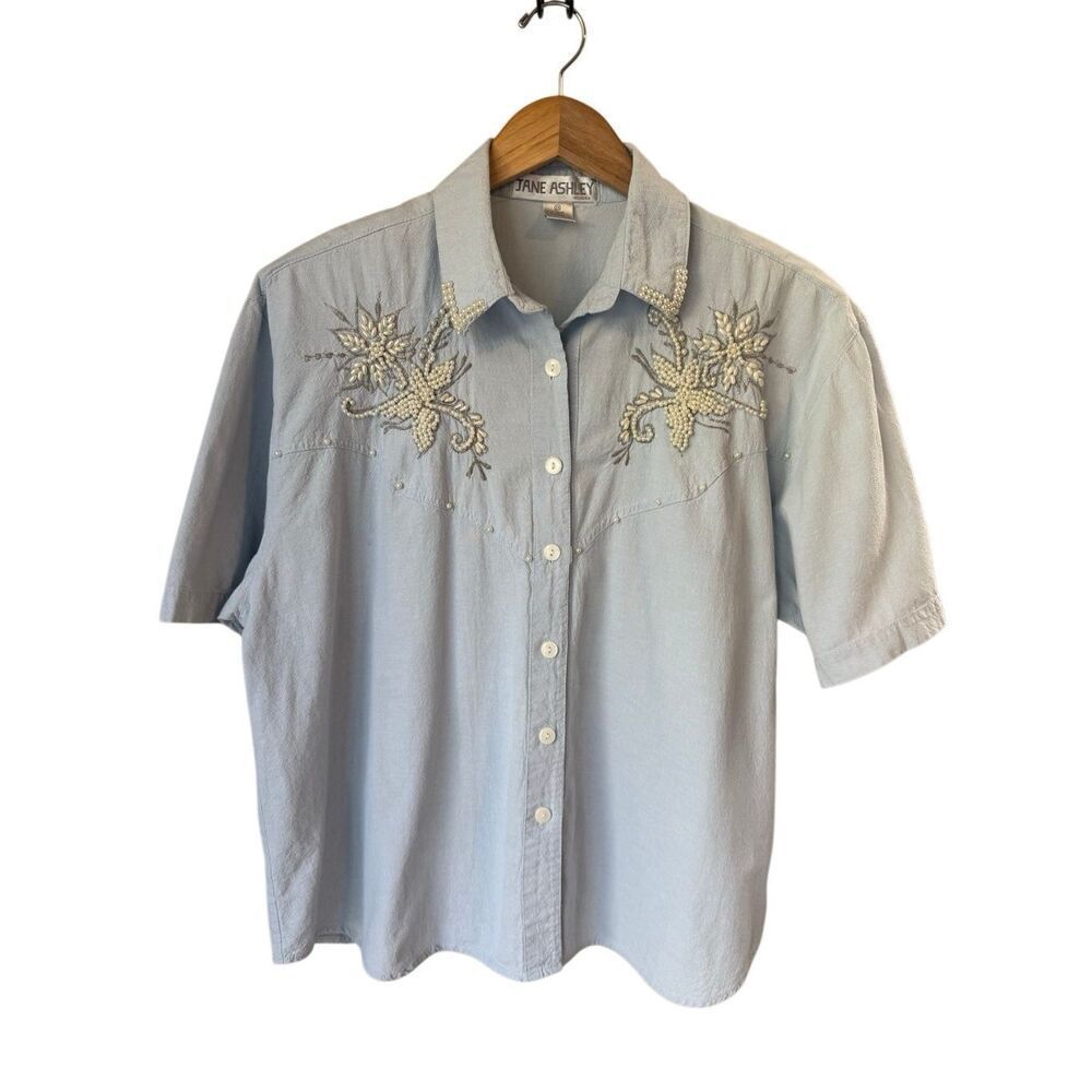 Vintage 80’s Jane Ashley light blue beaded and embroidered button-down shirt - Picture 2 of 12